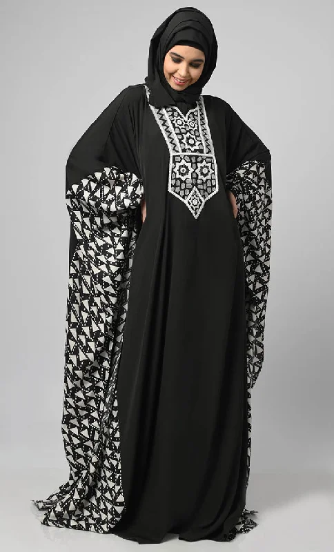 Egyptian Black & White Stripe Print Side Panel Kaftan Style Long Abaya