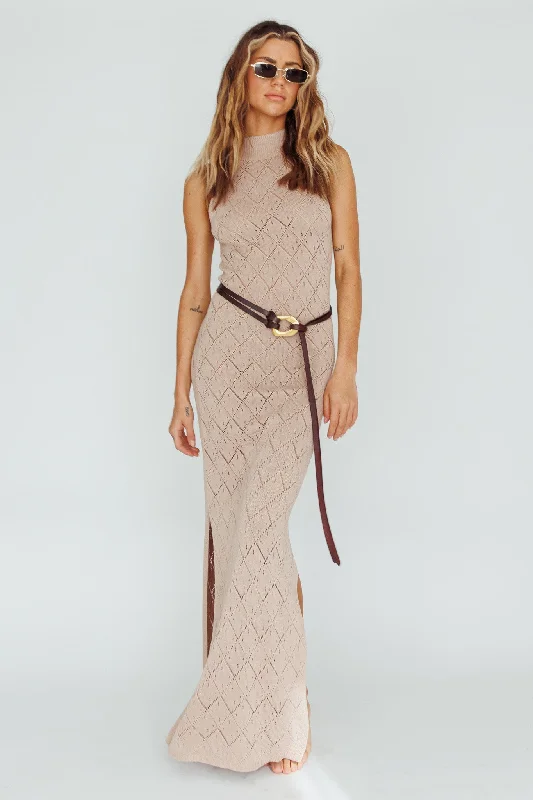 Elisa Sleeveless Crochet Maxi Dress Beige