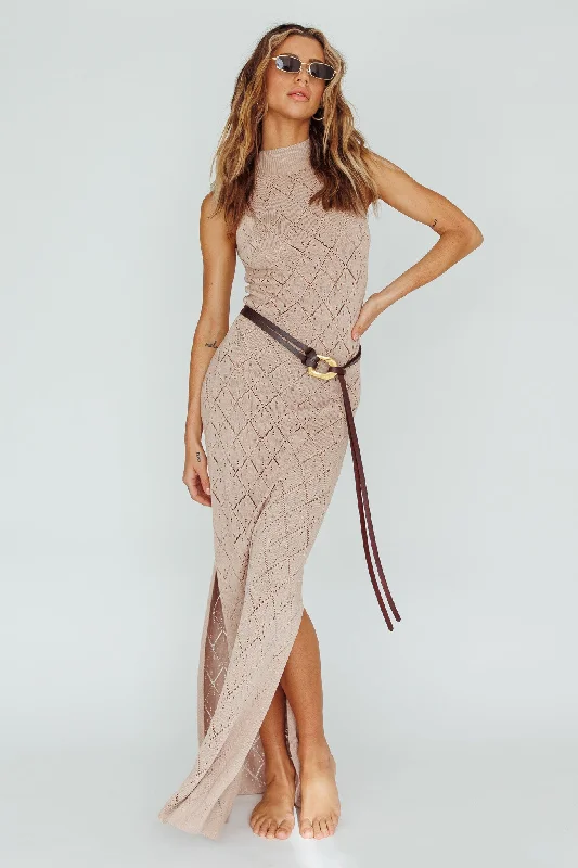 Elisa Sleeveless Crochet Maxi Dress Beige