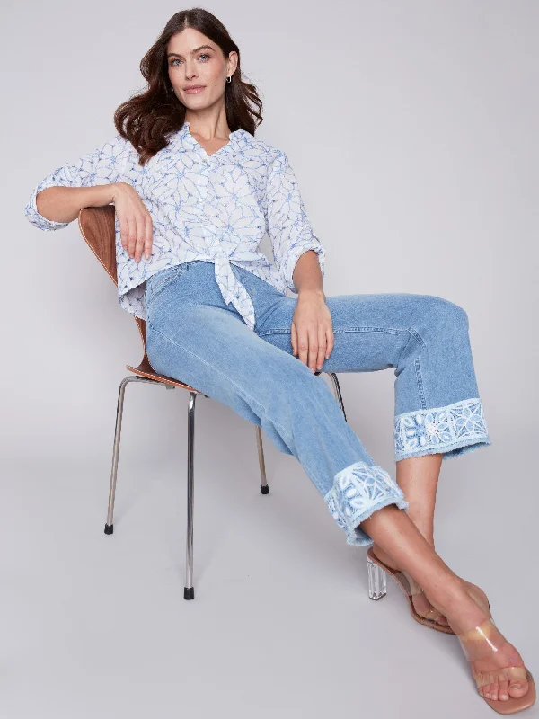 Embroidered Front Tie Cotton Blouse - Sky