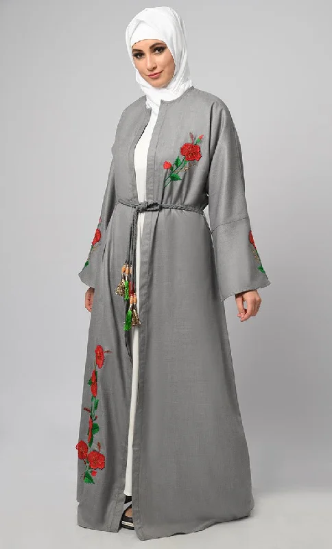 Exclusive Grey Chambrey Embroidered Shrug Bisht Abaya