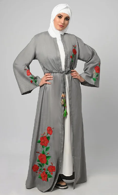 Exclusive Grey Chambrey Embroidered Shrug Bisht Abaya