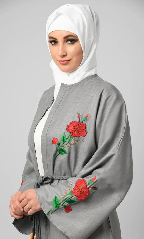 Exclusive Grey Chambrey Embroidered Shrug Bisht Abaya