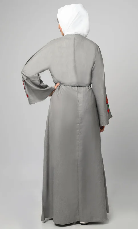 Exclusive Grey Chambrey Embroidered Shrug Bisht Abaya