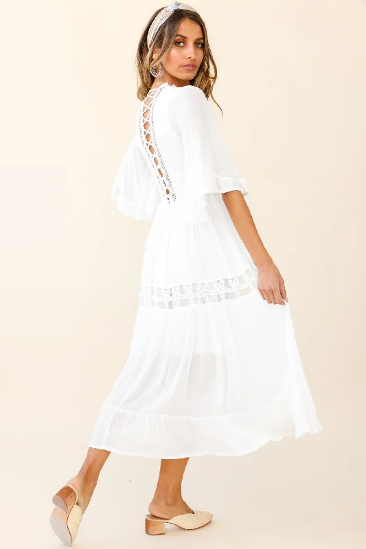 Feeling Groovy Bell Sleeve Crochet Trim Maxi Dress White