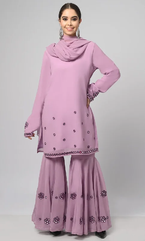 Georgette Muslim Lavender Designer Flared Palazzo Kurta Set With Duppata