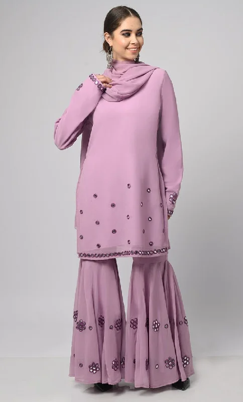 Georgette Muslim Lavender Designer Flared Palazzo Kurta Set With Duppata