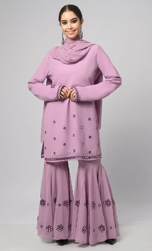 Georgette Muslim Lavender Designer Flared Palazzo Kurta Set With Duppata