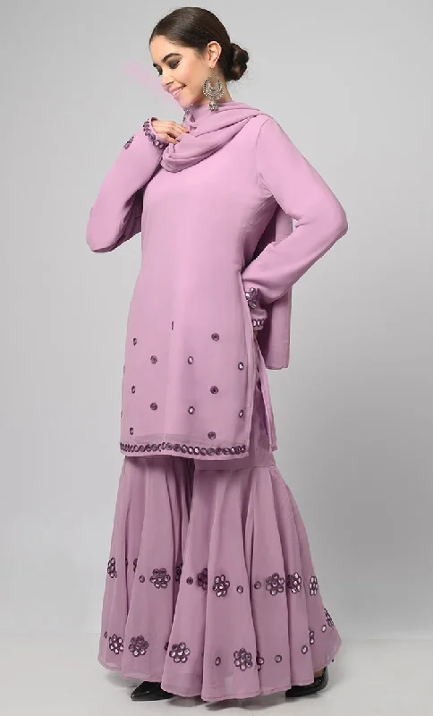 Georgette Muslim Lavender Designer Flared Palazzo Kurta Set With Duppata