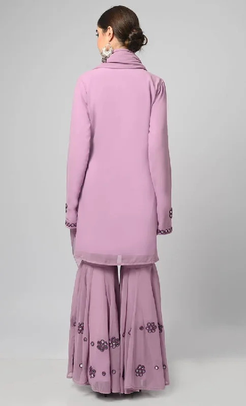 Georgette Muslim Lavender Designer Flared Palazzo Kurta Set With Duppata