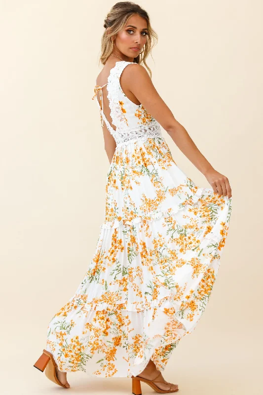 Indio Crochet Insert Deep V-Neckline Maxi Dress Floral Print White/Orange