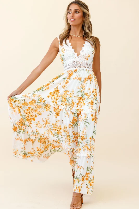 Indio Crochet Insert Deep V-Neckline Maxi Dress Floral Print White/Orange