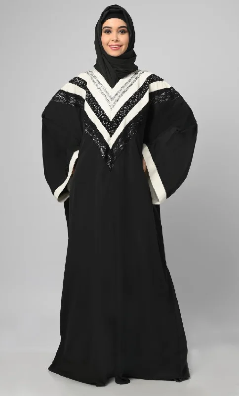 Irani Black Intricate Lace Detailing Kaftan Long Abaya