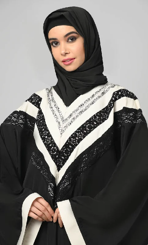 Irani Black Intricate Lace Detailing Kaftan Long Abaya