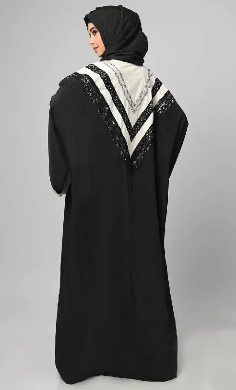 Irani Black Intricate Lace Detailing Kaftan Long Abaya