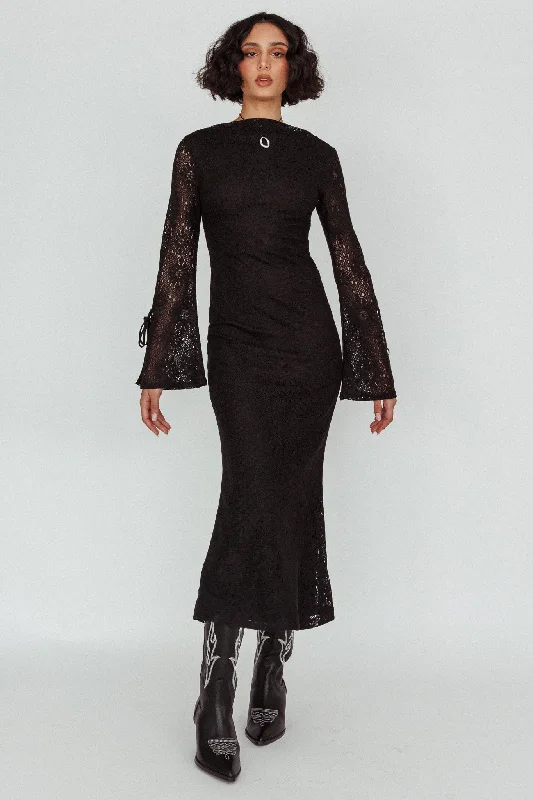 Kalia Long Sleeve Lace Midi Dress Black