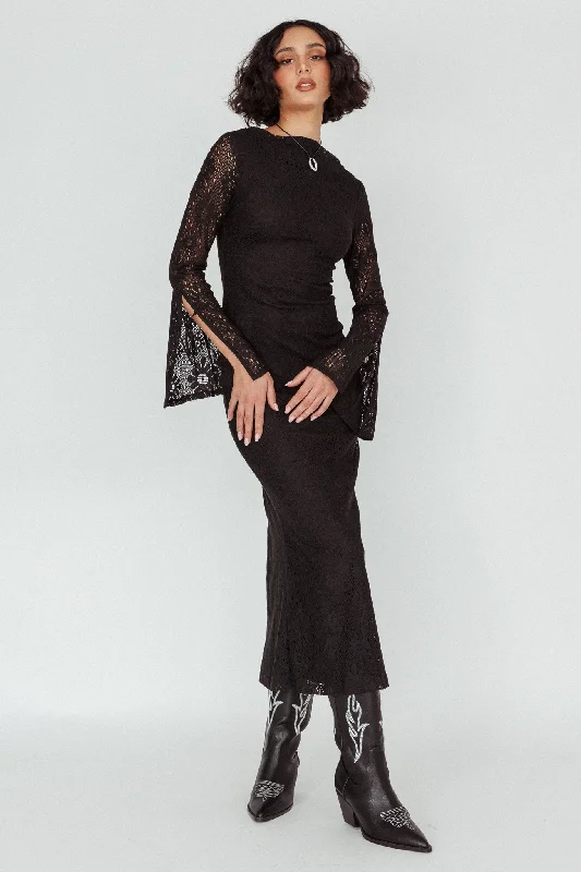 Kalia Long Sleeve Lace Midi Dress Black