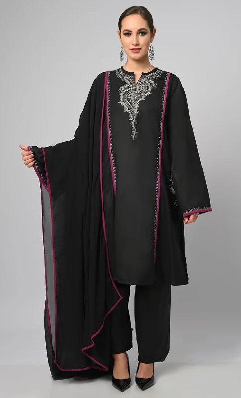 Kashmiri Embroidered Black Phiran With Salwar And Dupatta-Included Pockets