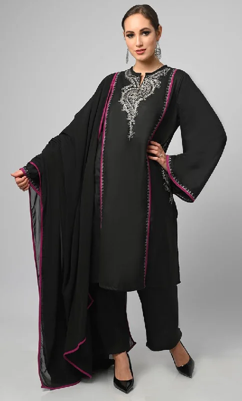 Kashmiri Embroidered Black Phiran With Salwar And Dupatta-Included Pockets