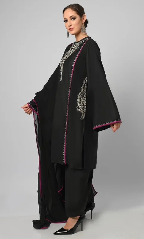 Kashmiri Embroidered Black Phiran With Salwar And Dupatta-Included Pockets