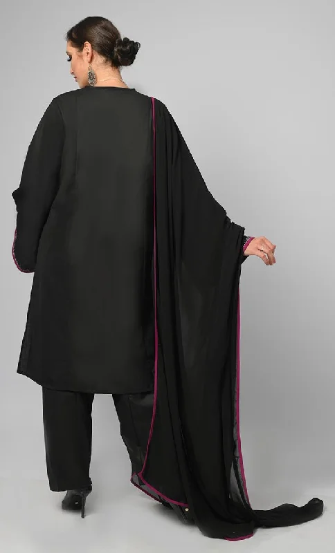 Kashmiri Embroidered Black Phiran With Salwar And Dupatta-Included Pockets