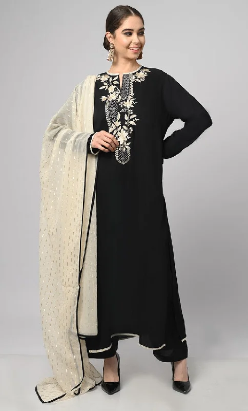 Kashmiri Embroidered Black Rayon Phiran With Salwar And Dupatta-Included Pockets