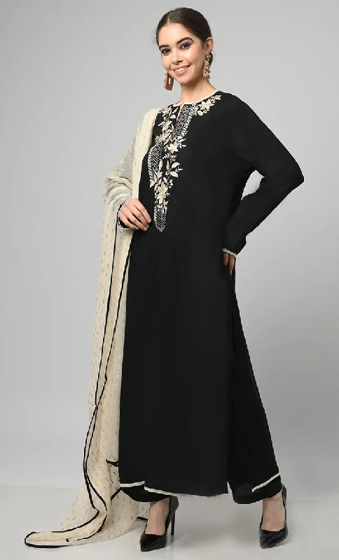 Kashmiri Embroidered Black Rayon Phiran With Salwar And Dupatta-Included Pockets