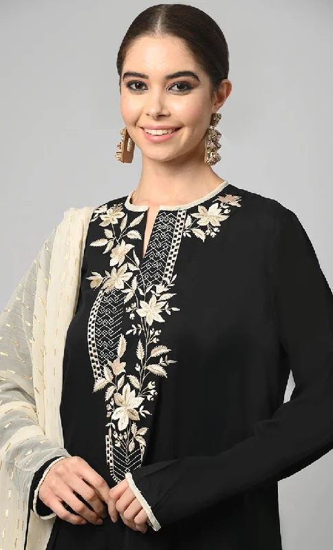 Kashmiri Embroidered Black Rayon Phiran With Salwar And Dupatta-Included Pockets