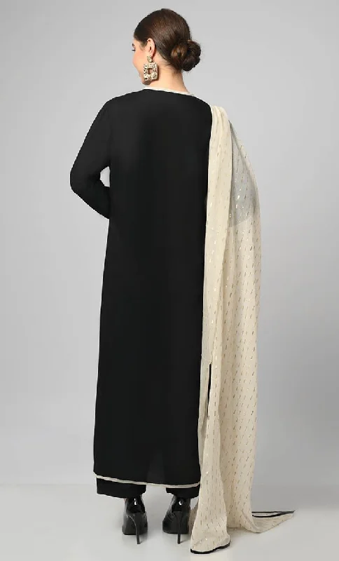 Kashmiri Embroidered Black Rayon Phiran With Salwar And Dupatta-Included Pockets