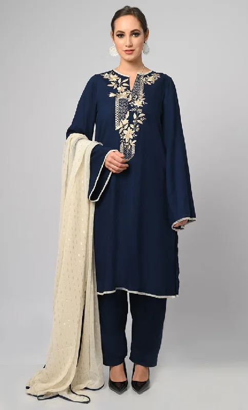 Kashmiri Embroidered Navy Rayon Phiran With Salwar And Dupatta-Included Pockets