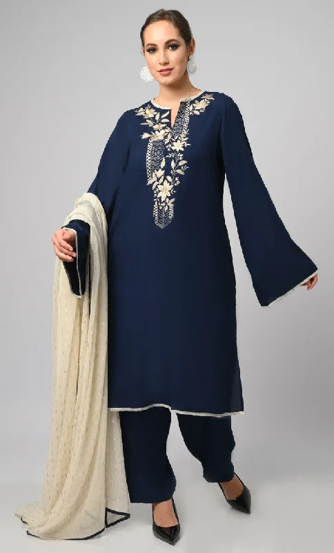 Kashmiri Embroidered Navy Rayon Phiran With Salwar And Dupatta-Included Pockets