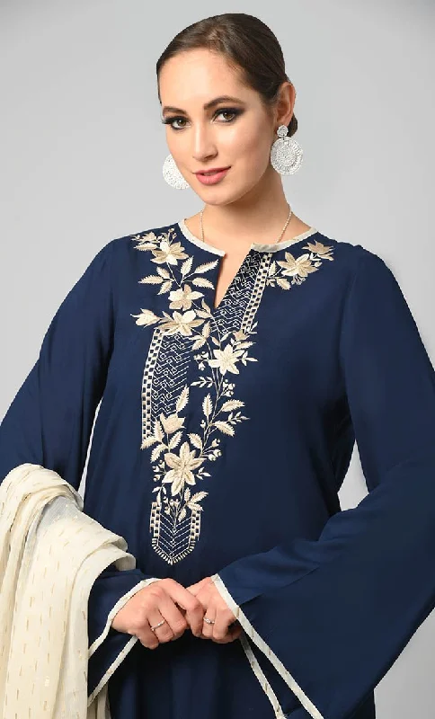 Kashmiri Embroidered Navy Rayon Phiran With Salwar And Dupatta-Included Pockets