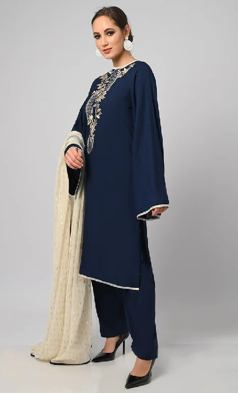 Kashmiri Embroidered Navy Rayon Phiran With Salwar And Dupatta-Included Pockets