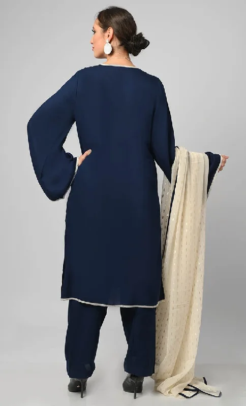 Kashmiri Embroidered Navy Rayon Phiran With Salwar And Dupatta-Included Pockets