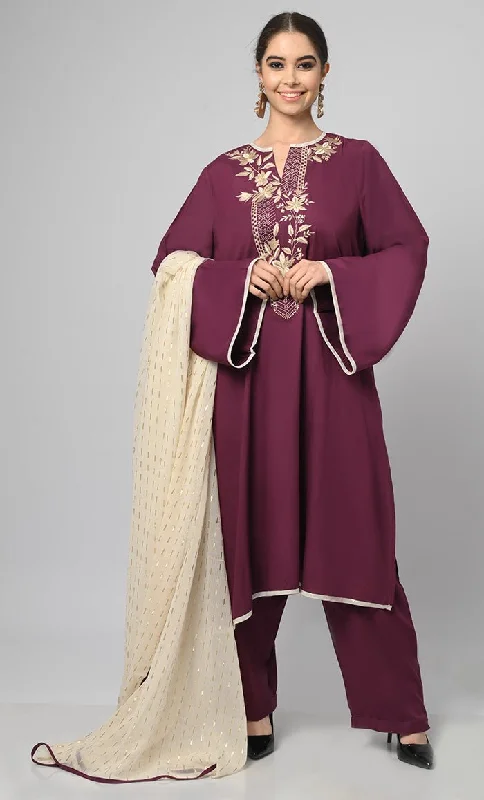 Kashmiri Embroidered Rayon Phiran With Salwar And Dupatta-Included Pockets