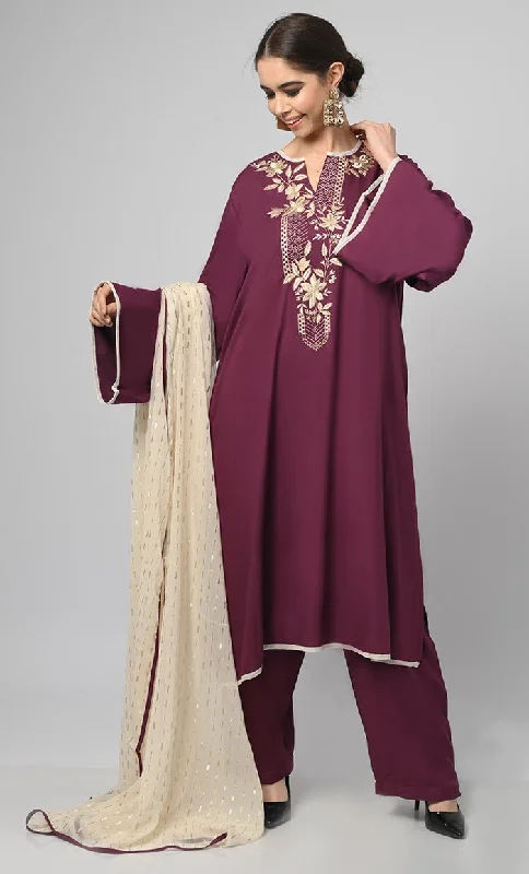 Kashmiri Embroidered Rayon Phiran With Salwar And Dupatta-Included Pockets