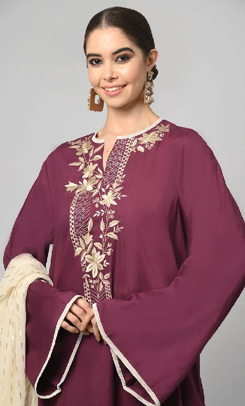 Kashmiri Embroidered Rayon Phiran With Salwar And Dupatta-Included Pockets