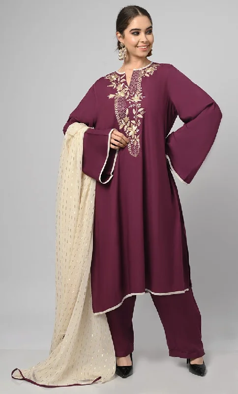 Kashmiri Embroidered Rayon Phiran With Salwar And Dupatta-Included Pockets