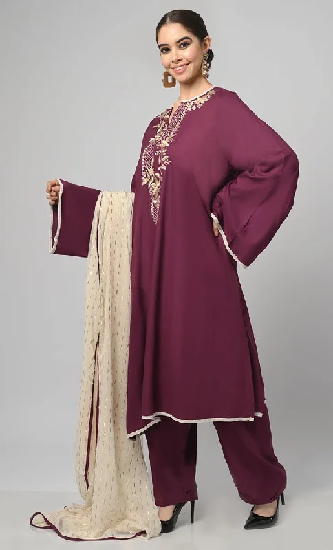 Kashmiri Embroidered Rayon Phiran With Salwar And Dupatta-Included Pockets