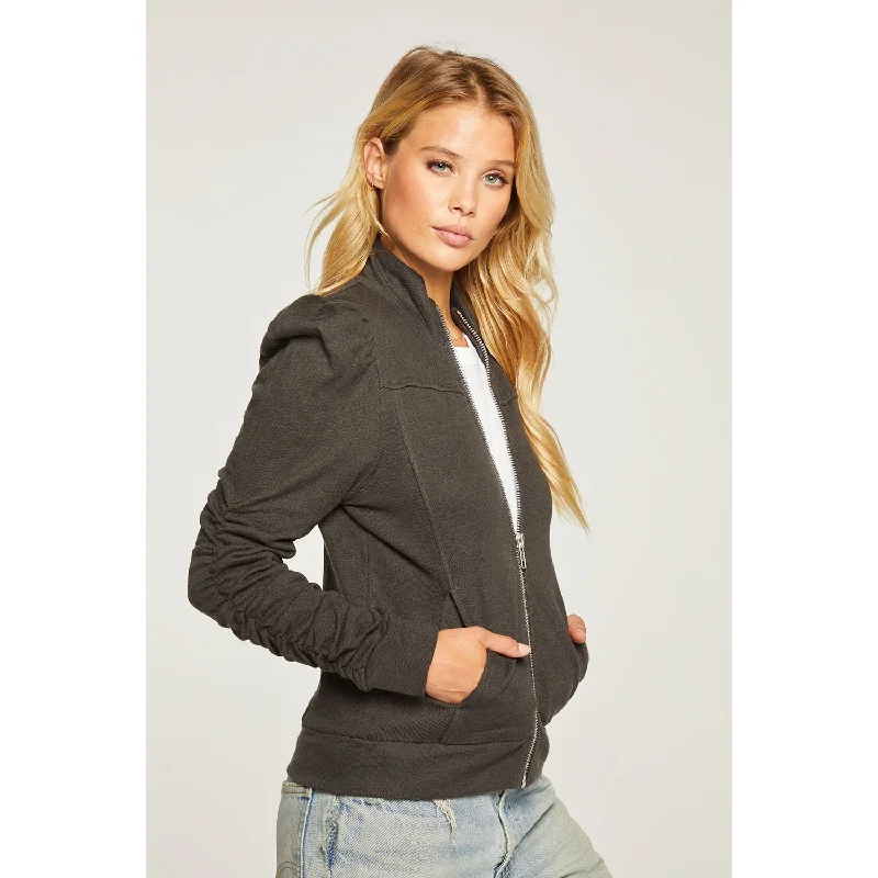 Linen French Terry Shirred Puff Sleeve Zip Up Jacket