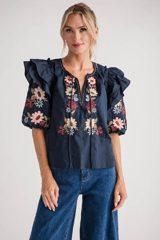 Mable Embroidered Ruffle Shoulder Puff Sleeve Blouse