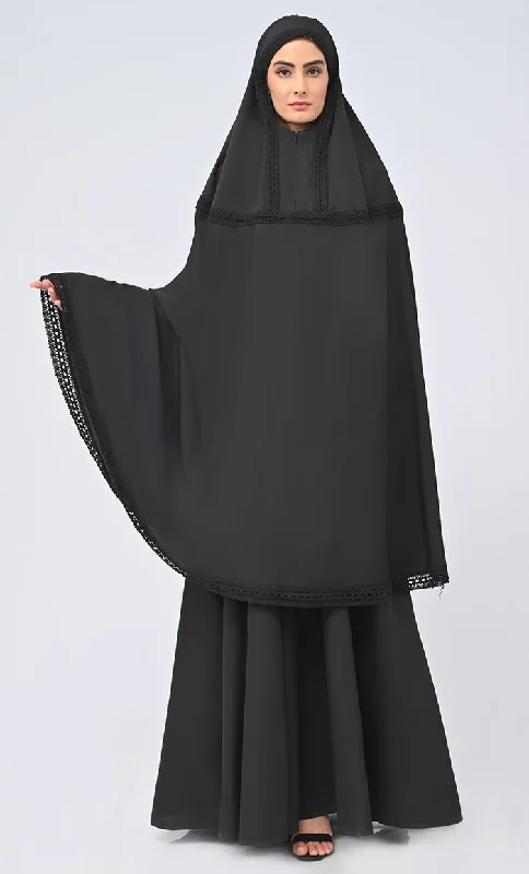 Maghrib Modest Black Lace Detailing Khimar Prayer Dress For Women