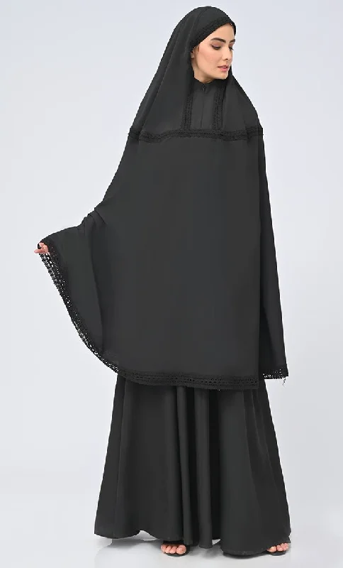 Maghrib Modest Black Lace Detailing Khimar Prayer Dress For Women