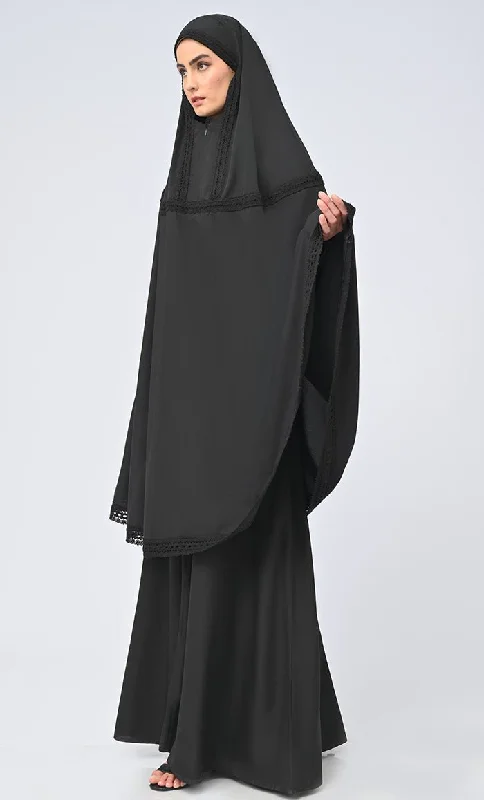 Maghrib Modest Black Lace Detailing Khimar Prayer Dress For Women