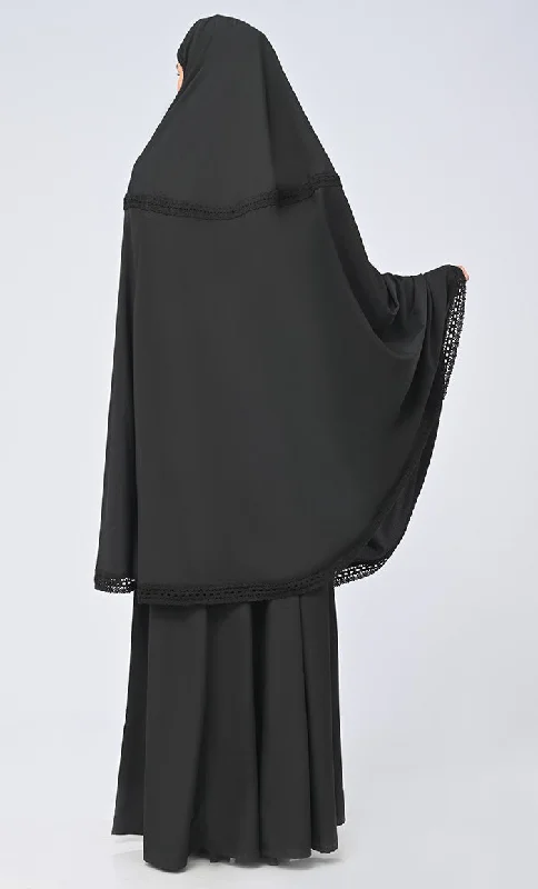 Maghrib Modest Black Lace Detailing Khimar Prayer Dress For Women