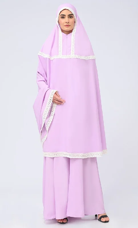 Maghrib Modest Lavender Lace Detailing Khimar Prayer Dress For Women