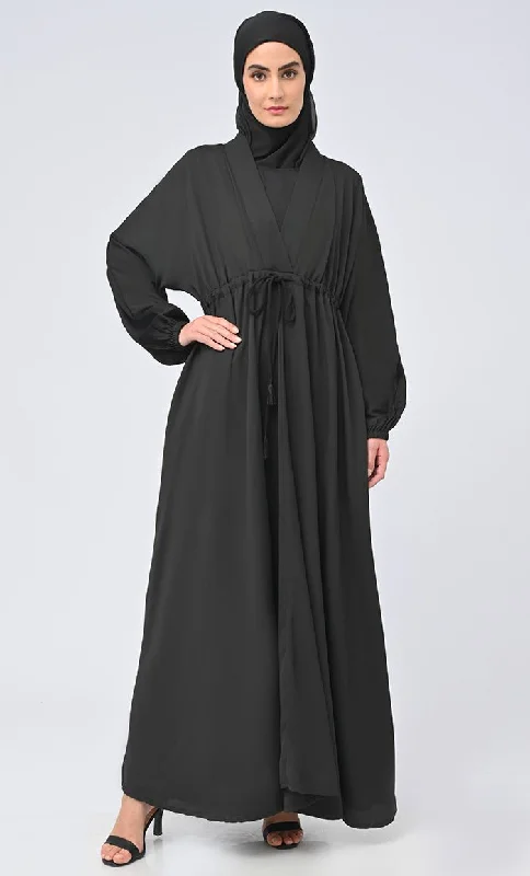 Maghrib Modest Waist Dori Detailing Modest Abaya With Black Inner And Black Hijab