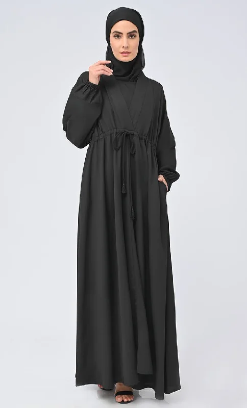 Maghrib Modest Waist Dori Detailing Modest Abaya With Black Inner And Black Hijab