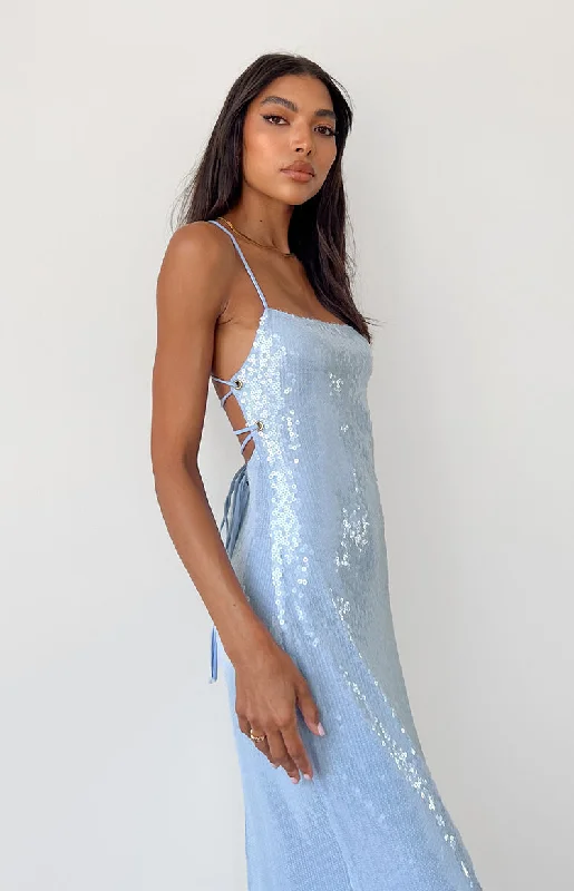 Manhattan Blue Sequin Slip Maxi Formal Dress