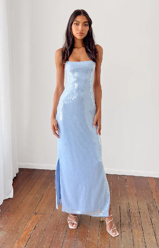 Manhattan Blue Sequin Slip Maxi Formal Dress